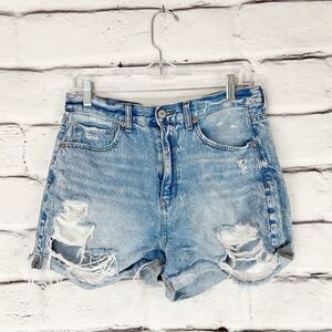 American Eagle Women's Distressed High Rise Mom Shorts Blue Size 12